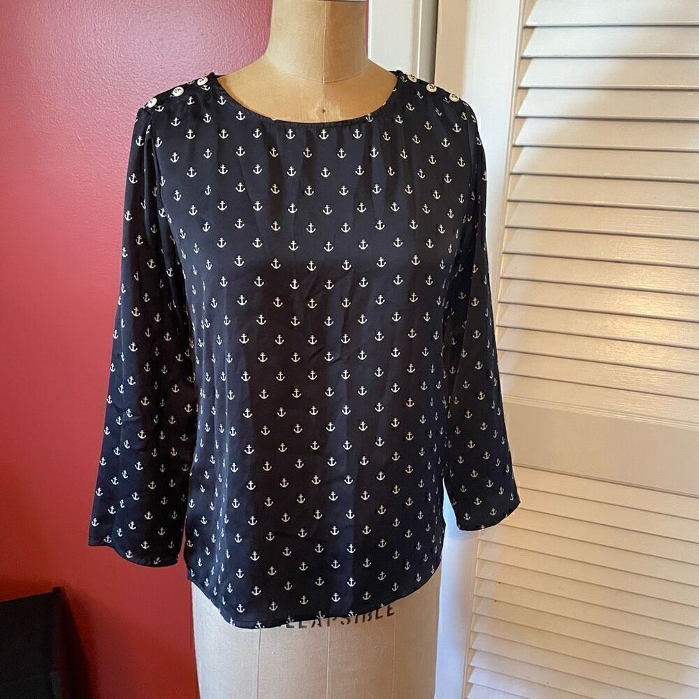 CYNTHIA ROWLEY | black with white anchors long sleeve polyester blouse XS